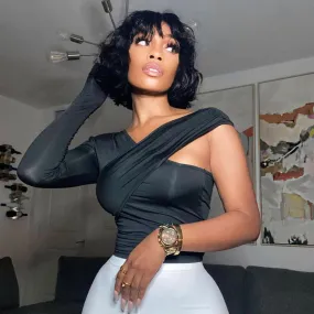 2023 Primavera Asimmetrico Scollo A V Una Spalla Soild delle Donne T Camicette Sottile Femminile Streetwear Crop Magliette E Cam