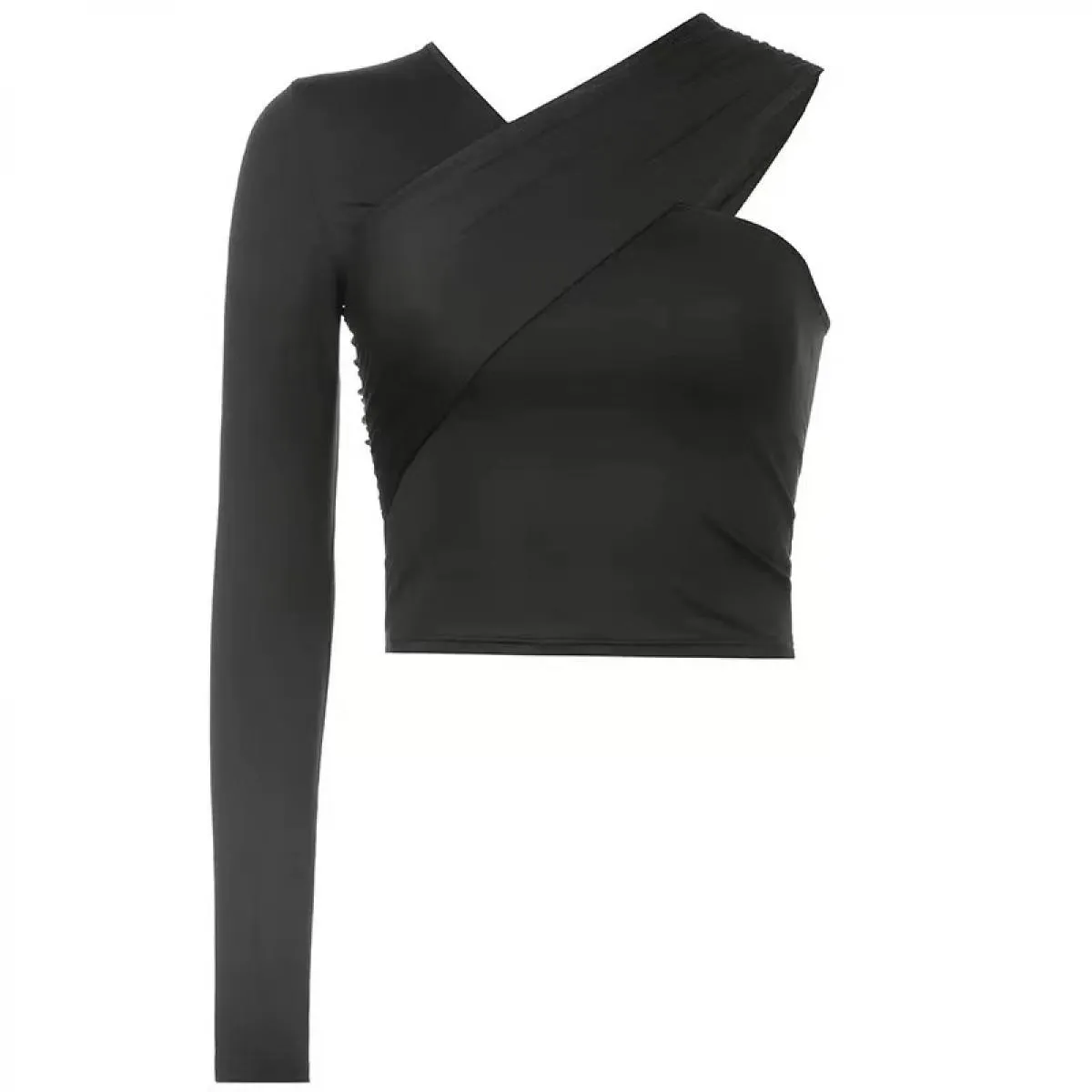 2023 Primavera Asimmetrico Scollo A V Una Spalla Soild delle Donne T Camicette Sottile Femminile Streetwear Crop Magliette E Cam