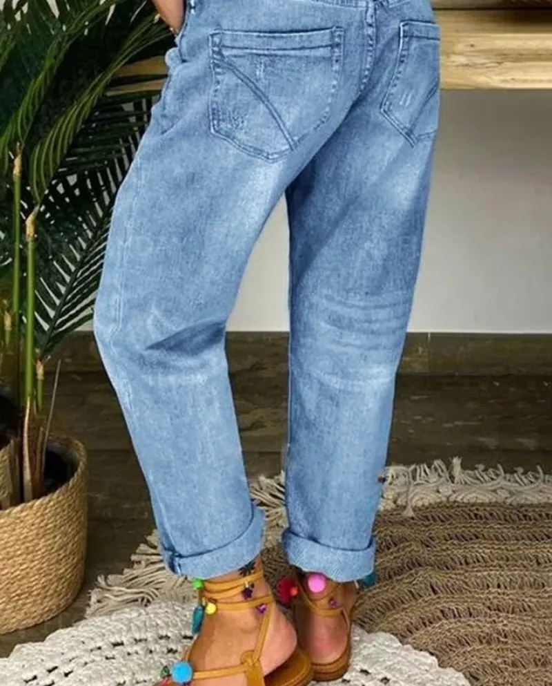 2024  And  New Style Blue Ripped Jeans Women's Loose Straight Casual Trousers In Stock