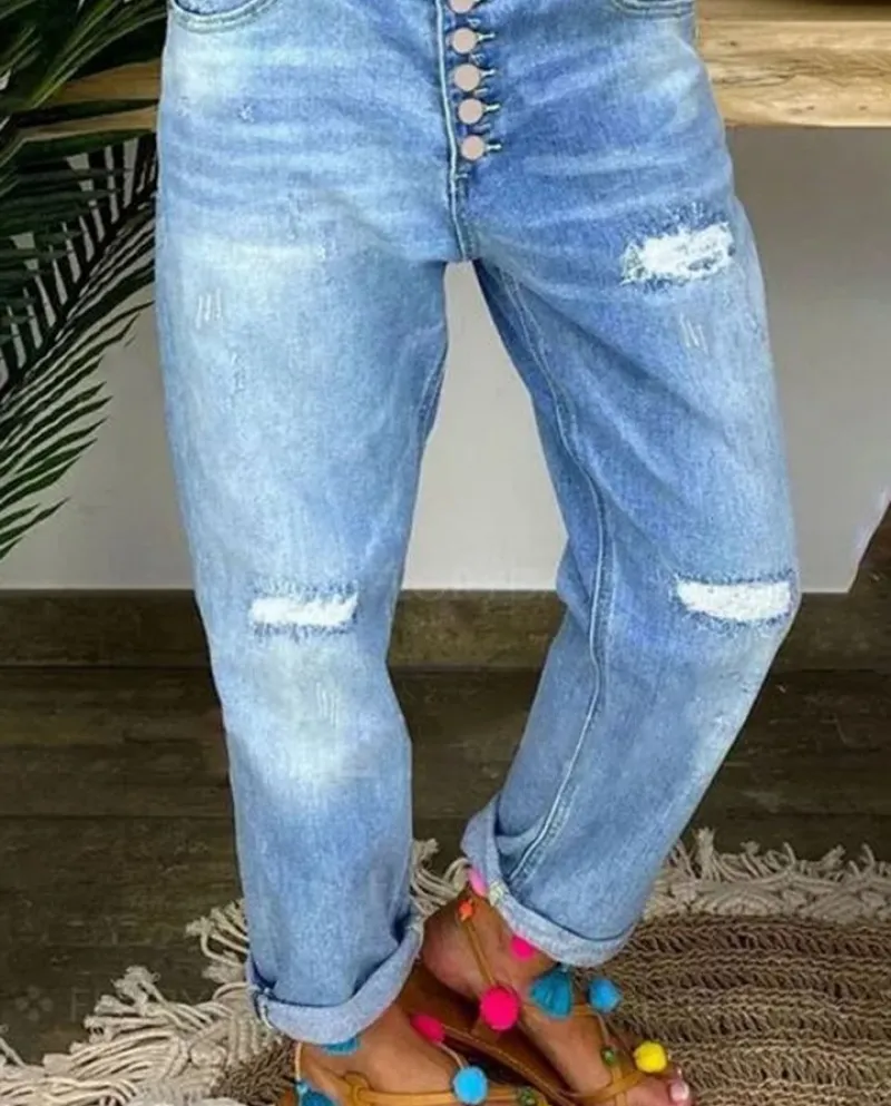 2024  And  New Style Blue Ripped Jeans Women's Loose Straight Casual Trousers In Stock