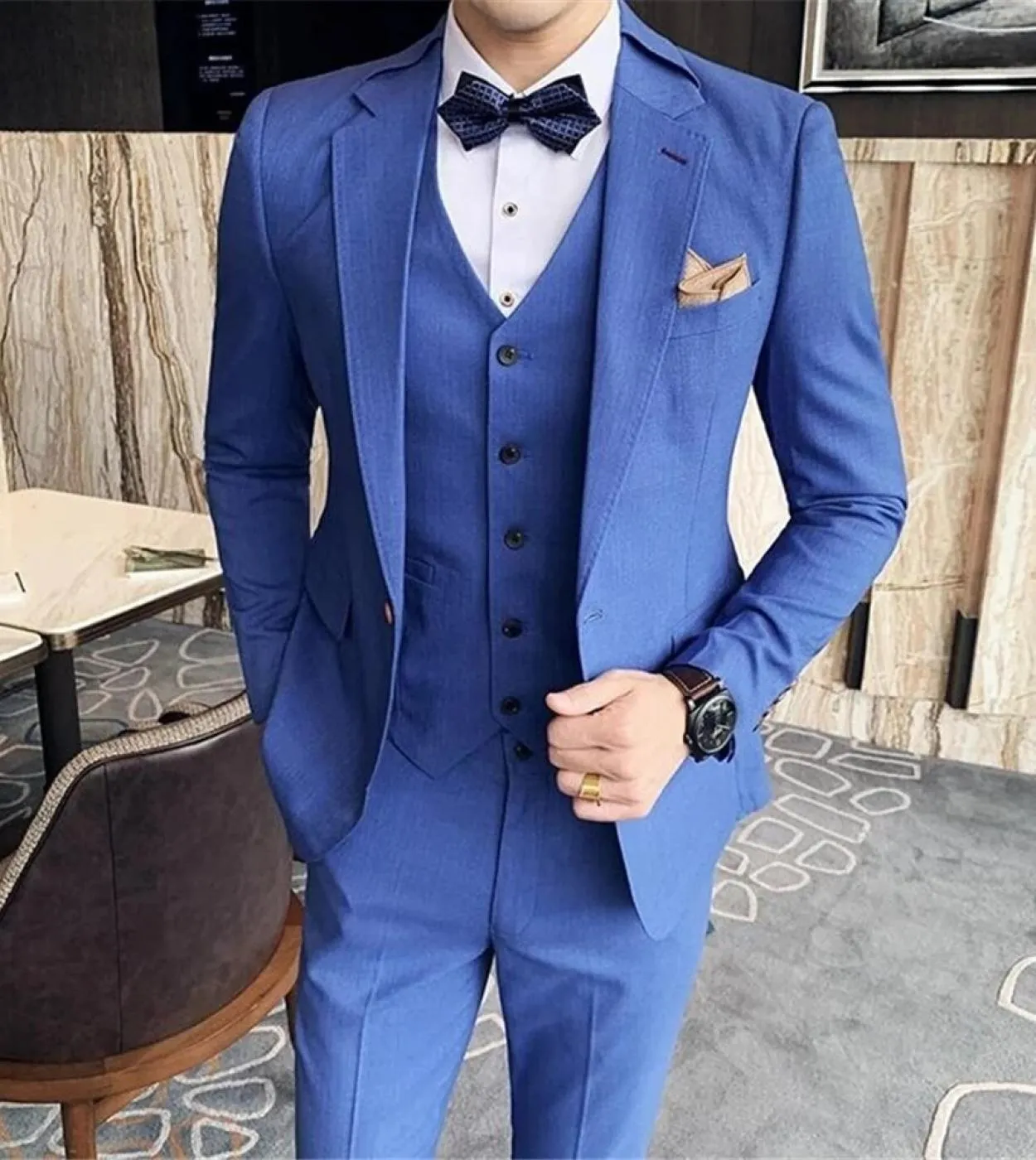 Affari Formale Blu Notch Risvolto Abiti da uomo Costume Homme Slim Fit Smoking da sposa Sposo Prom Terno Masculino Blazer 3 Pc