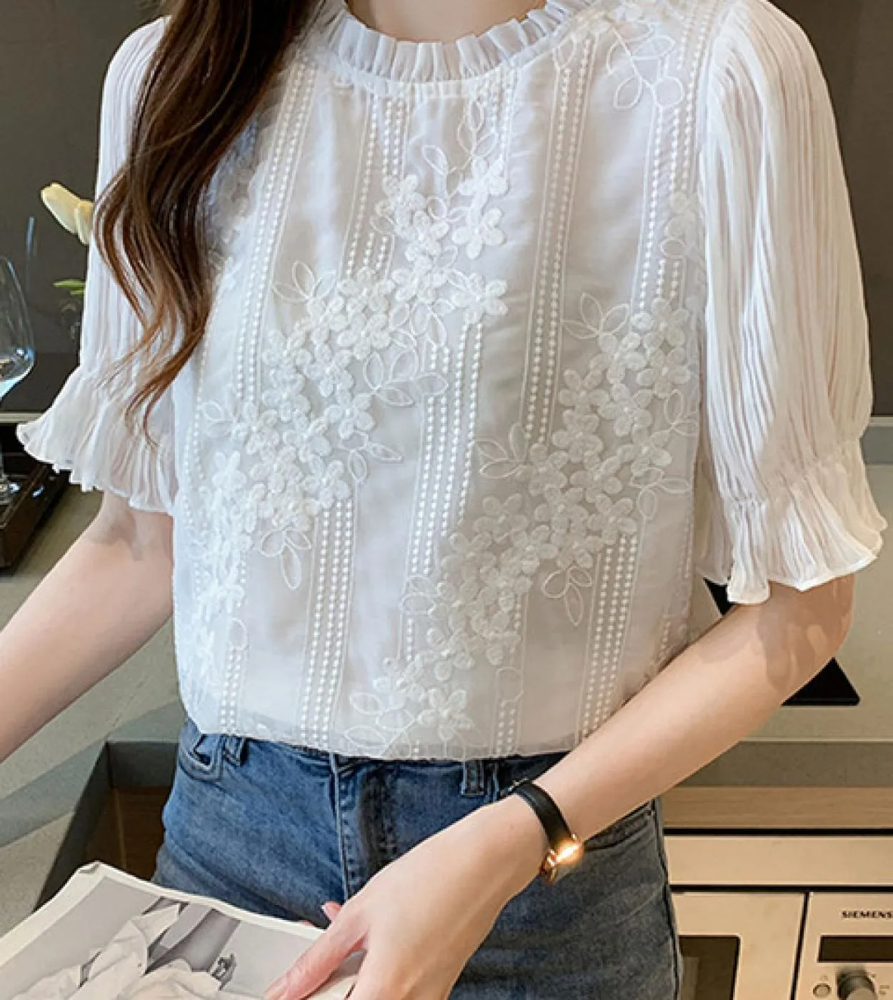Camicetta da donna bianca estiva Camicetta da donna in chiffon di pizzo a maniche corte con ricamo Camicetta da donna Top Blusas