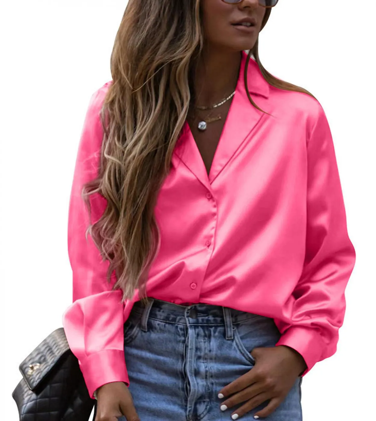 Camicia lunga da uomo in raso con colletto alla moda, top a maniche lunghe da donna, ufficio 2023, camicetta da donna casual all