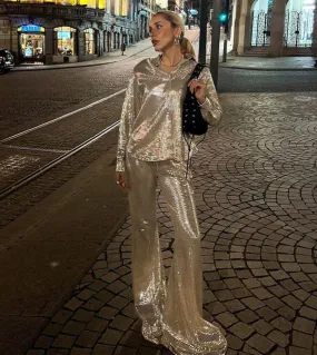 Gacvga 2022 Autunno Camicia Lucida Camicetta E Pantaloni Svasati Delle Donne Del Progettista Allentato Streetwear Lady Casual Du