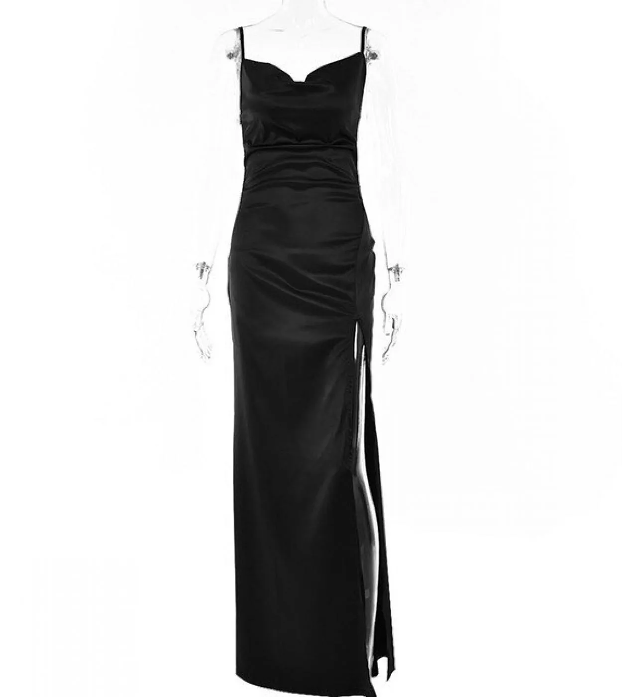 Gacvga Satin  Bodycon Summer Maxi Dress Backless High Split Women Strapless Long Party Dresses Black Streetwear Vestidos