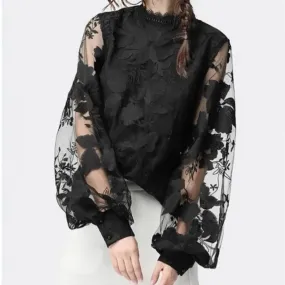 Moda Donna Camicetta 2023 delle Nuove Donne Del Merletto Del Manicotto A Soffio Trasparente Girocollo di Colore Solido Camicetta