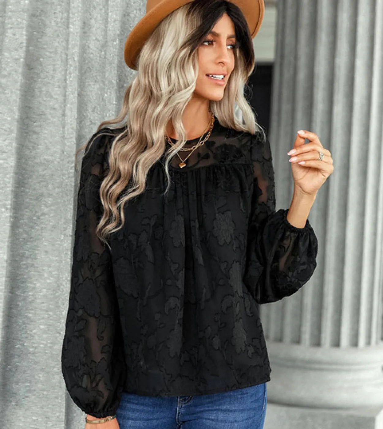 Nuova elegante moda camicetta in chiffon jacquard da donna girocollo manica lunga da donna Top autunno pizzo allentato Blusas ma