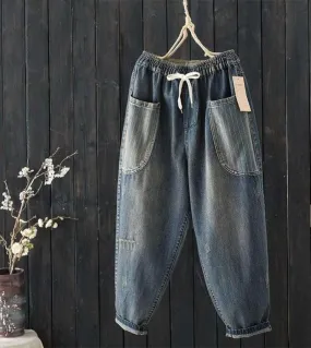 Nuovo arrivo Primavera Autunno Stile artistico Donna Elastico in vita Pantaloni larghi Harem in denim casual Jeans a righe vinta