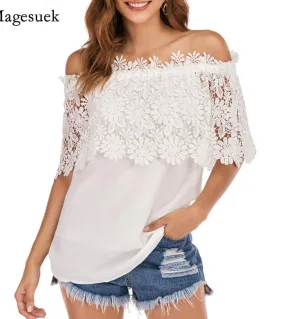 Slash Collar Camicetta bianca Summer New Crochet Lace Sweet Shirt Cotton Cold Shoulder Chiffon Top Blusas De Seda 14128