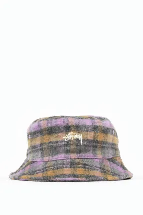 STUSSY BRUSHED PLAID BUCKET HAT PURPLE