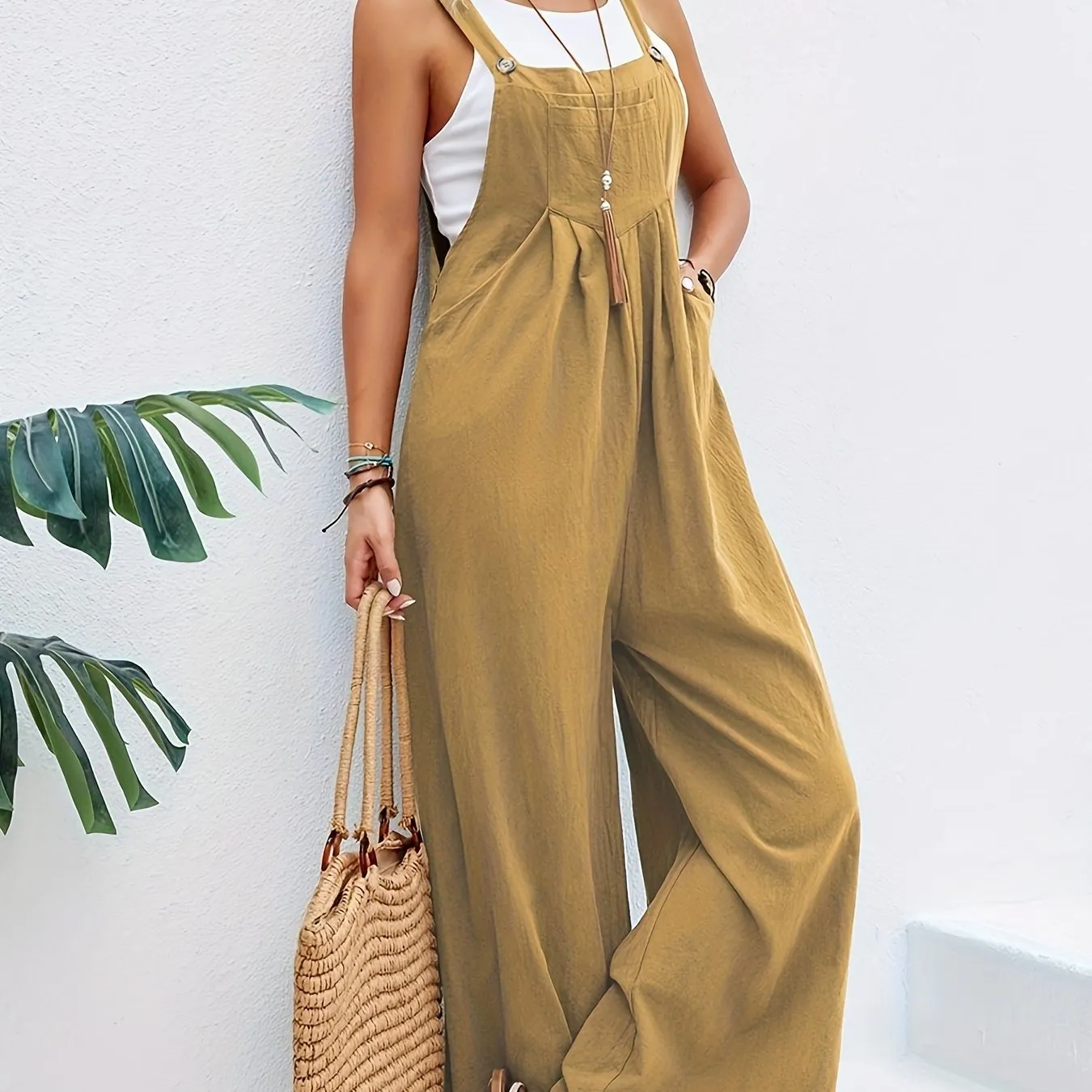 Tuta boho a tinta unita lunga smanicata, tuta baggy casual con tasche, abbigliamento da donna
